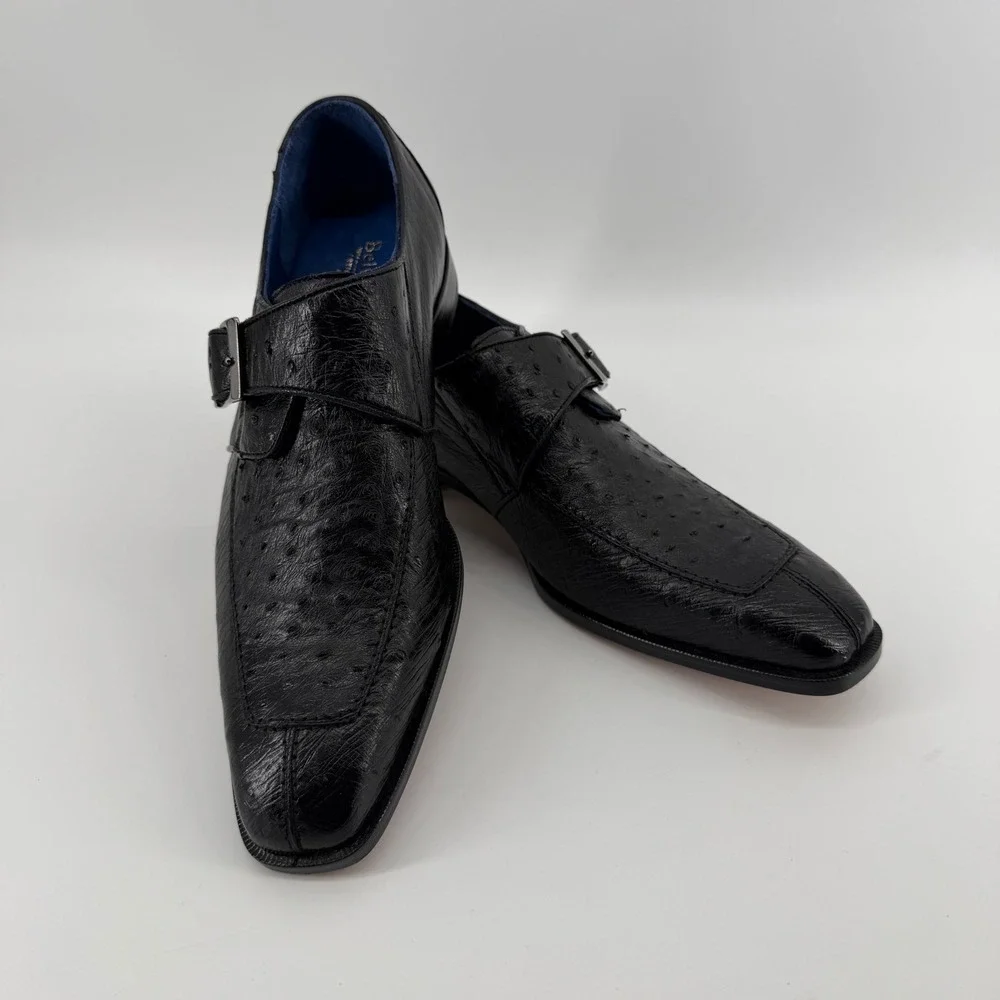 Belvedere Dress Shoes Men's 8.5 Black Genuine Ostrich Strap Square Toe Exotic